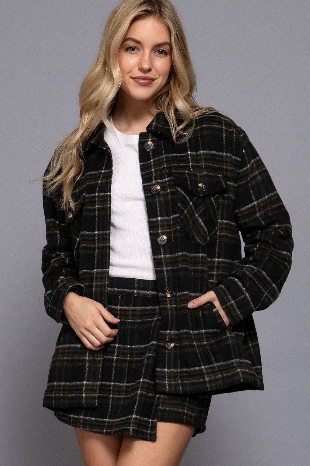 Long Sleeve Inside Faux Fur Brushed Plaid Jacket